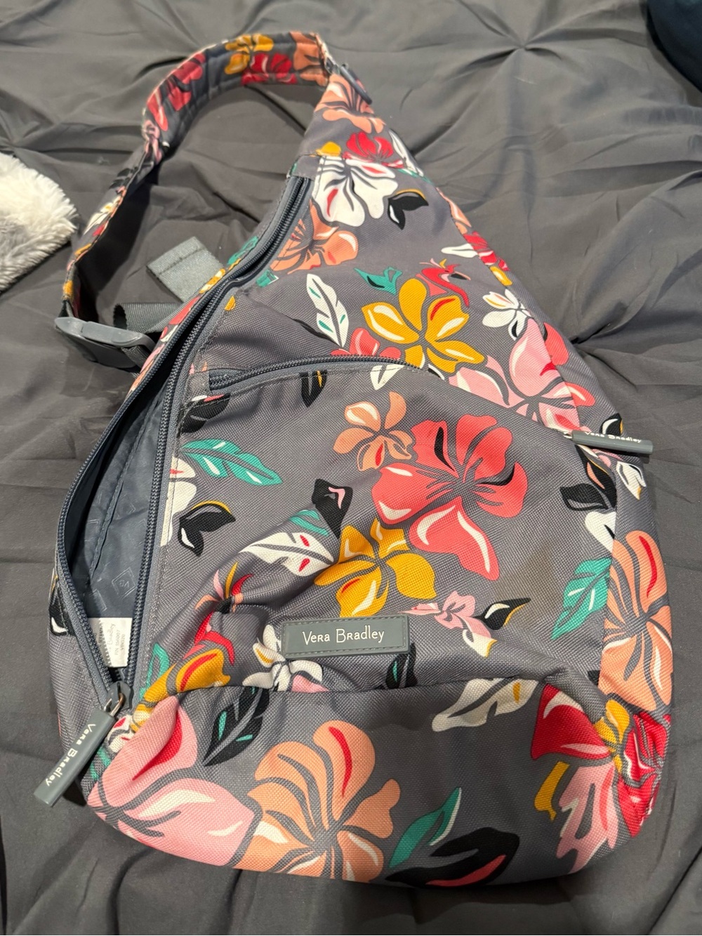 Vera Bradley Gray Floral Sling Bag with Multicolor Hibiscus
